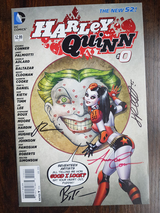 Harley Quinn #0 - ULTRA RARE ! Key Issue : "1st App of Bernie the Beaver " - Signed by Bruce Timm, Jimmy Palmiotti, Chad Hardin and Amanda Conner